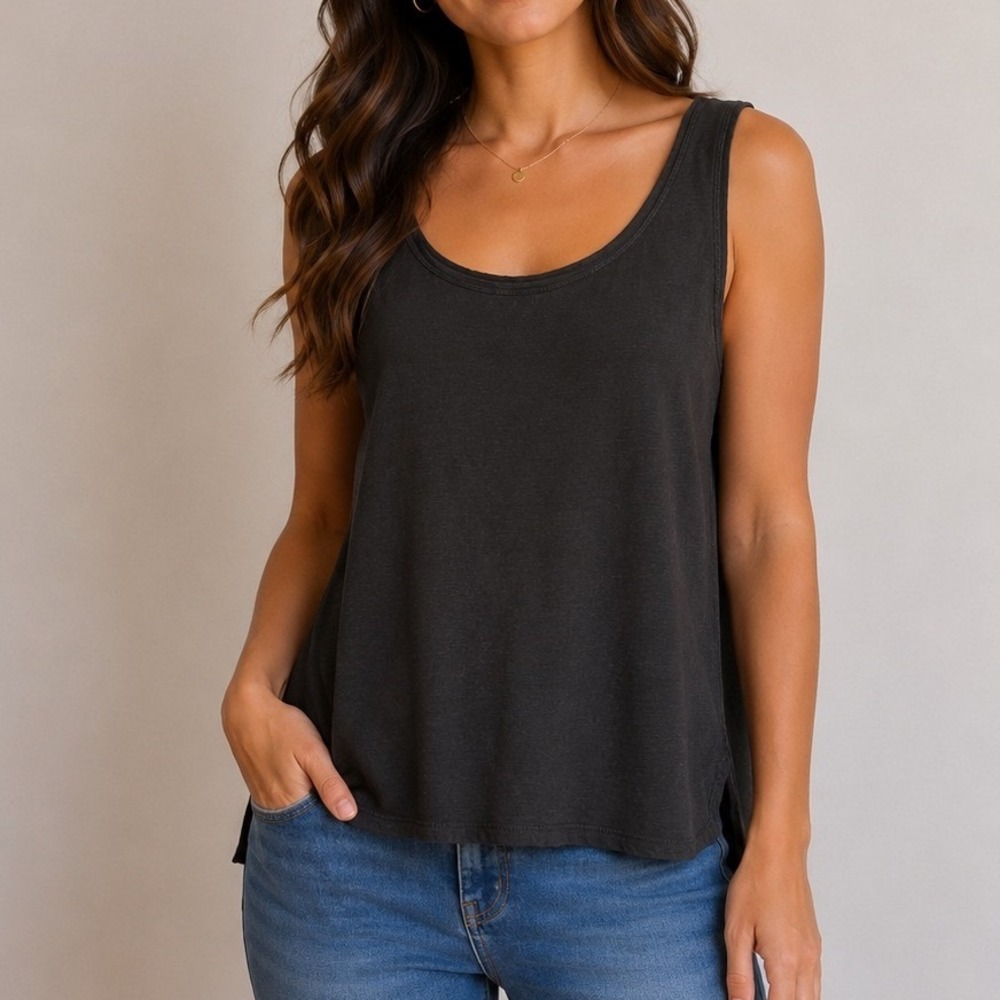 Eileen Fisher Organic Cotton Hemp Tank Top Large Black Sleeveless Minimalist